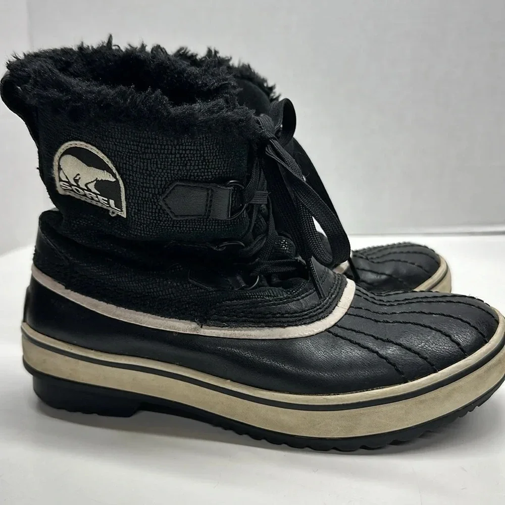 Sorel Tivoli Boots Snow Winter Leather Faux Fur Waterproof Black Womens Size 6